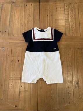 Patachou blue and white bibbed short romper 18 months preppy nautical